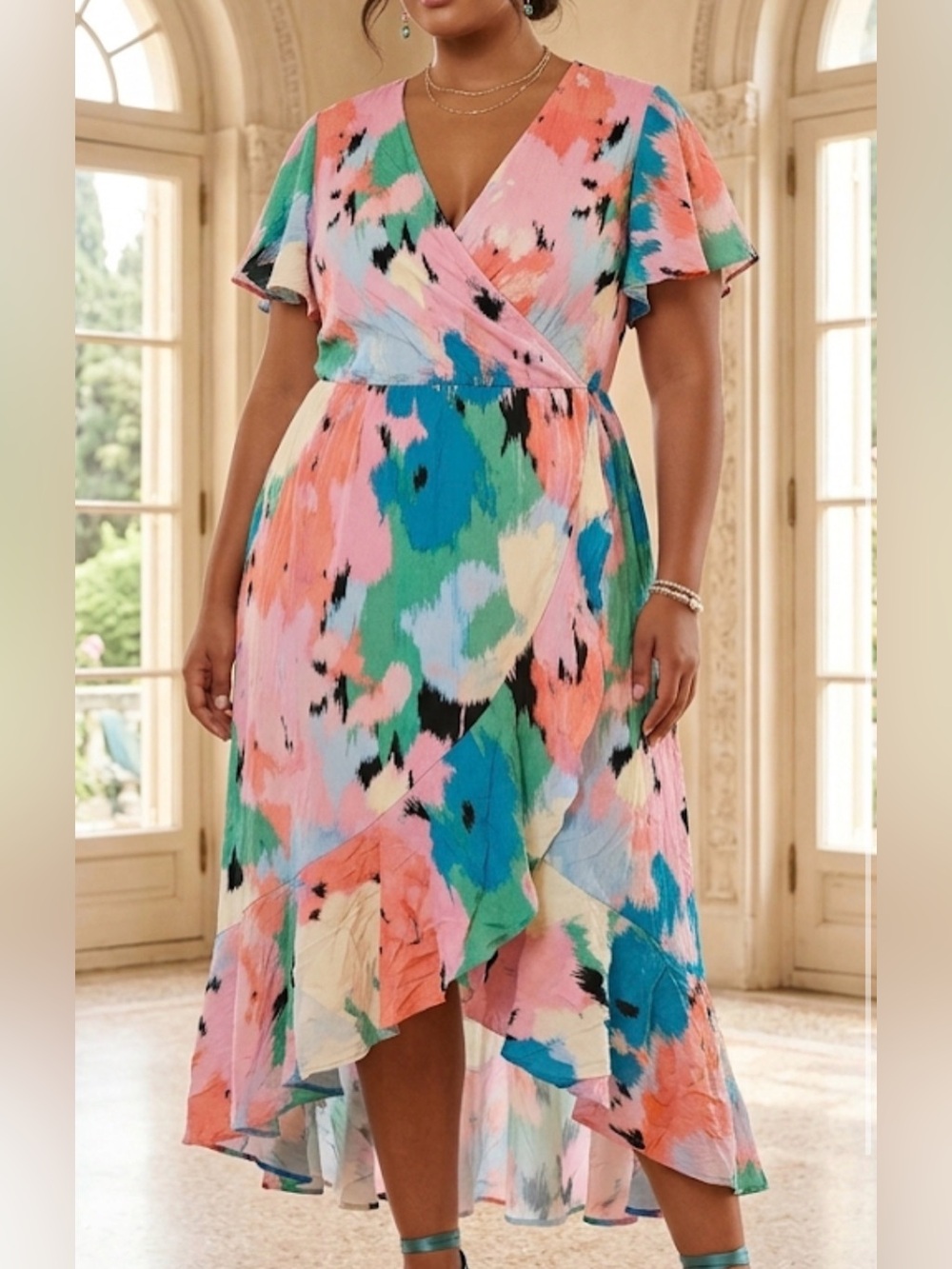 Ava & Viv Womens Pink Blue Abstract Ikat Wrap Midi Dress Flutter‎ Sleeve NWT